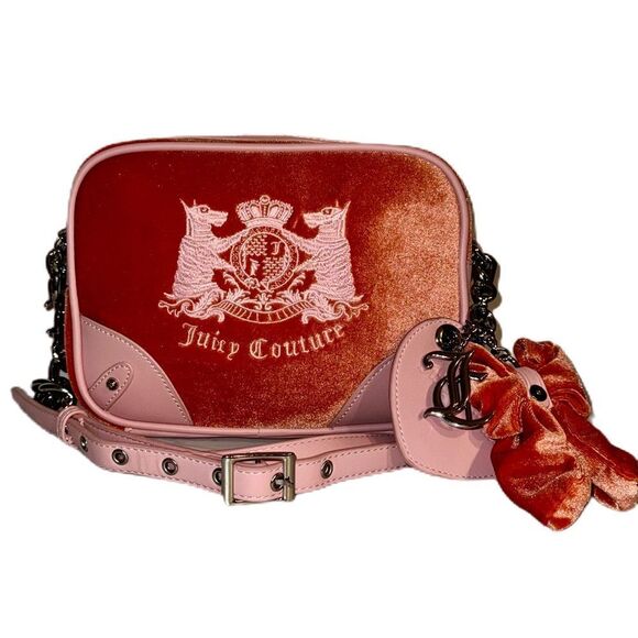 Juicy Couture Handbags - **SOLD** Juicy Couture Hollyhock Peach Velour Crossbody Camera Bag Pink PU